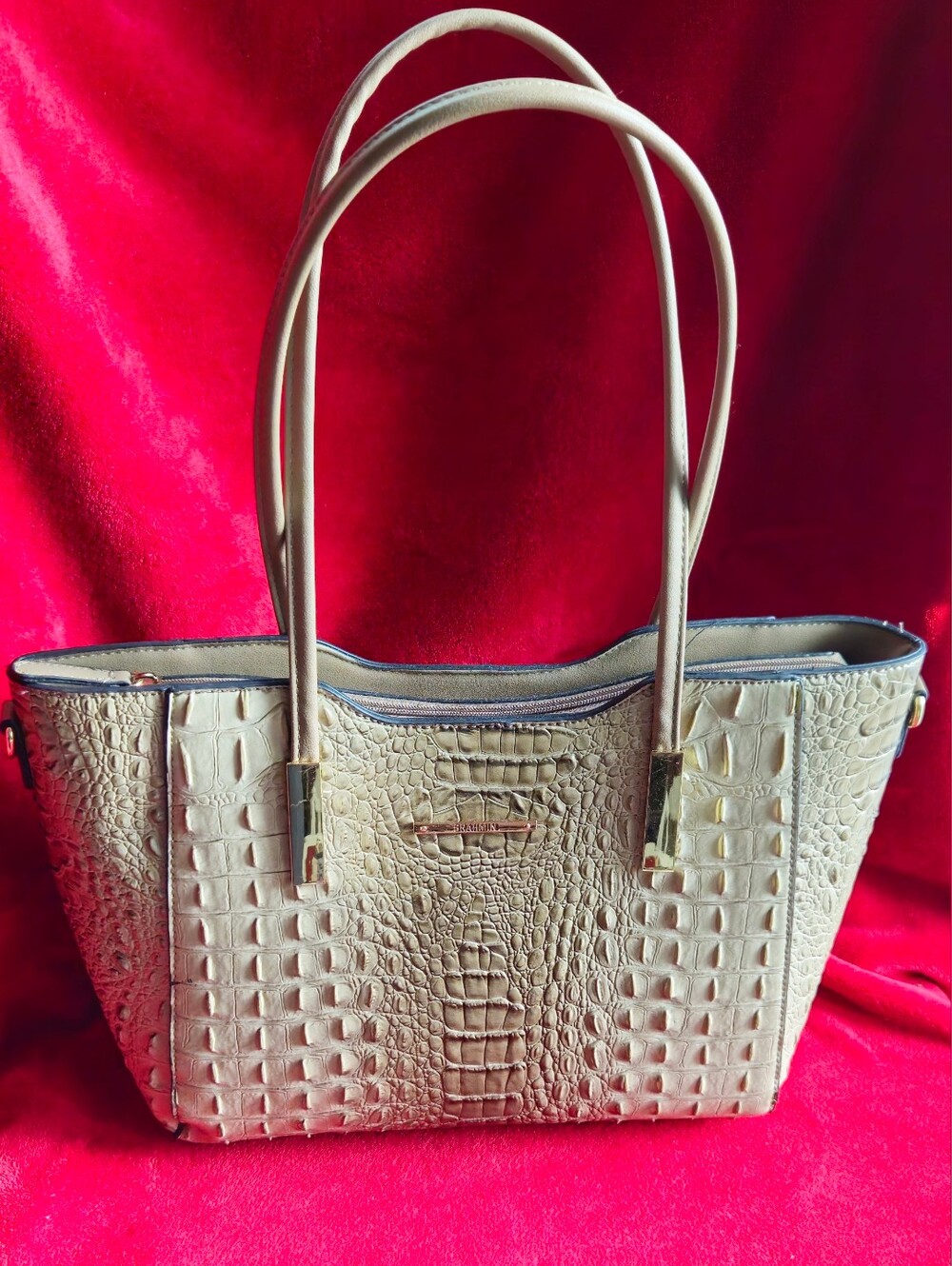 Imitation Brahmin Asher Taupe Color Croc-Embossed Satchel Bag w/Shoulder Strap